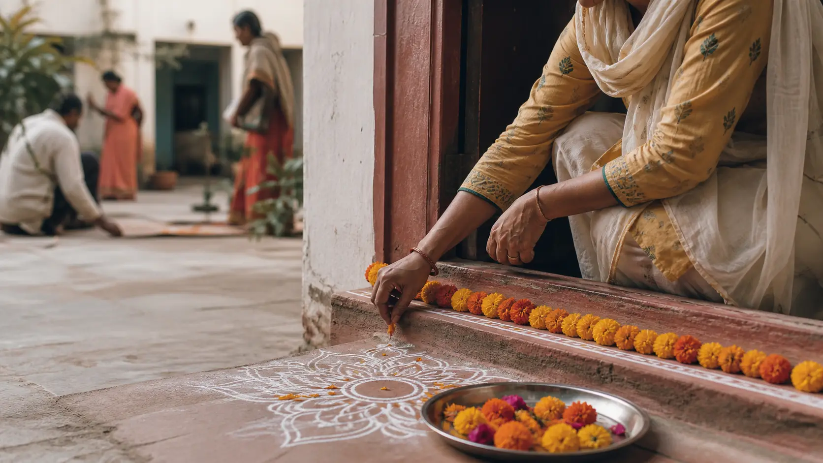 Family preparing rangoli and marigold flowers for a festival