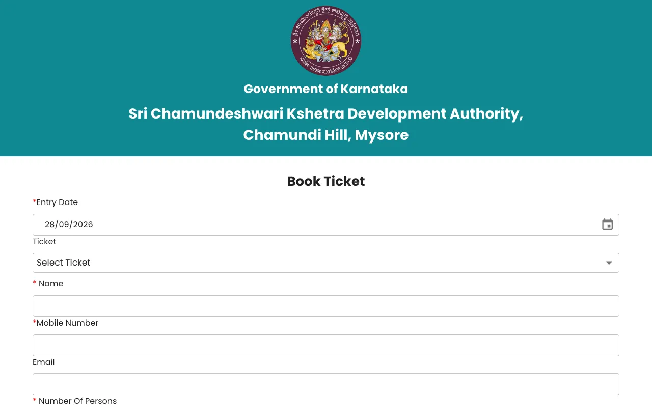 Screenshot of Chamundeshwari Temple's official booking page, captured Sep 28, 2026