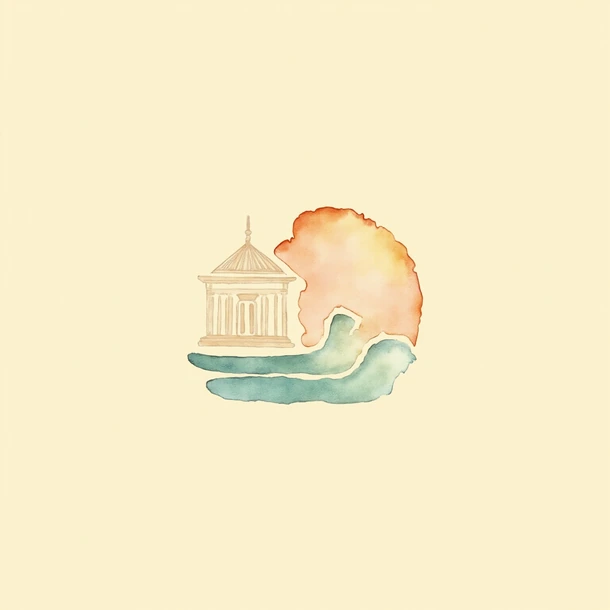 A watercolour crescent moon above two curling sea waves, in soft blue, green and pink.