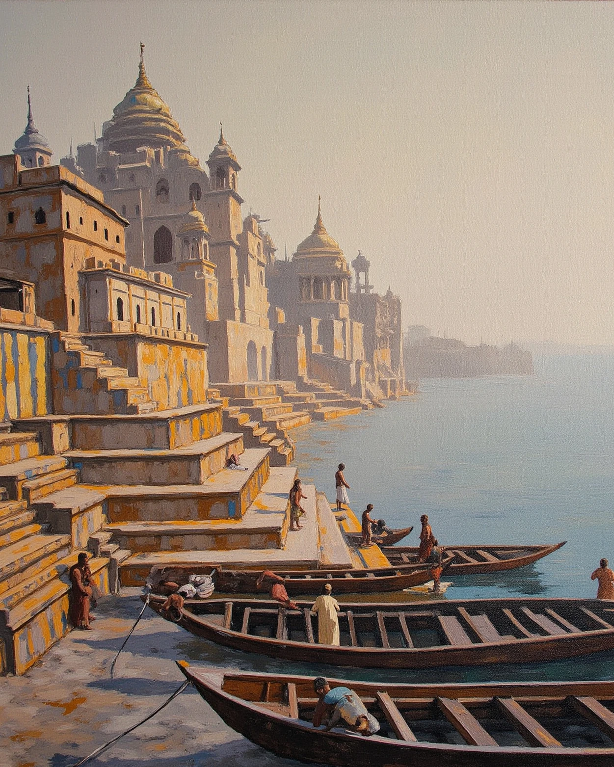 Painting of Kashi: the stone ghats stepping down to the Ganga, wooden boats on the water and temple spires above.