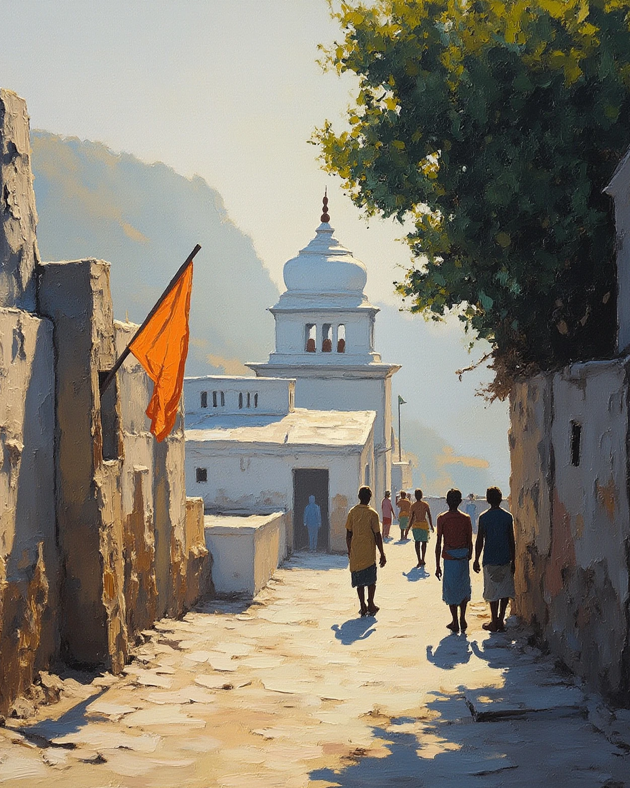 Painting of Shirdi: the neem tree of the Gurusthan beside the white domed shrine, under a clear blue sky.