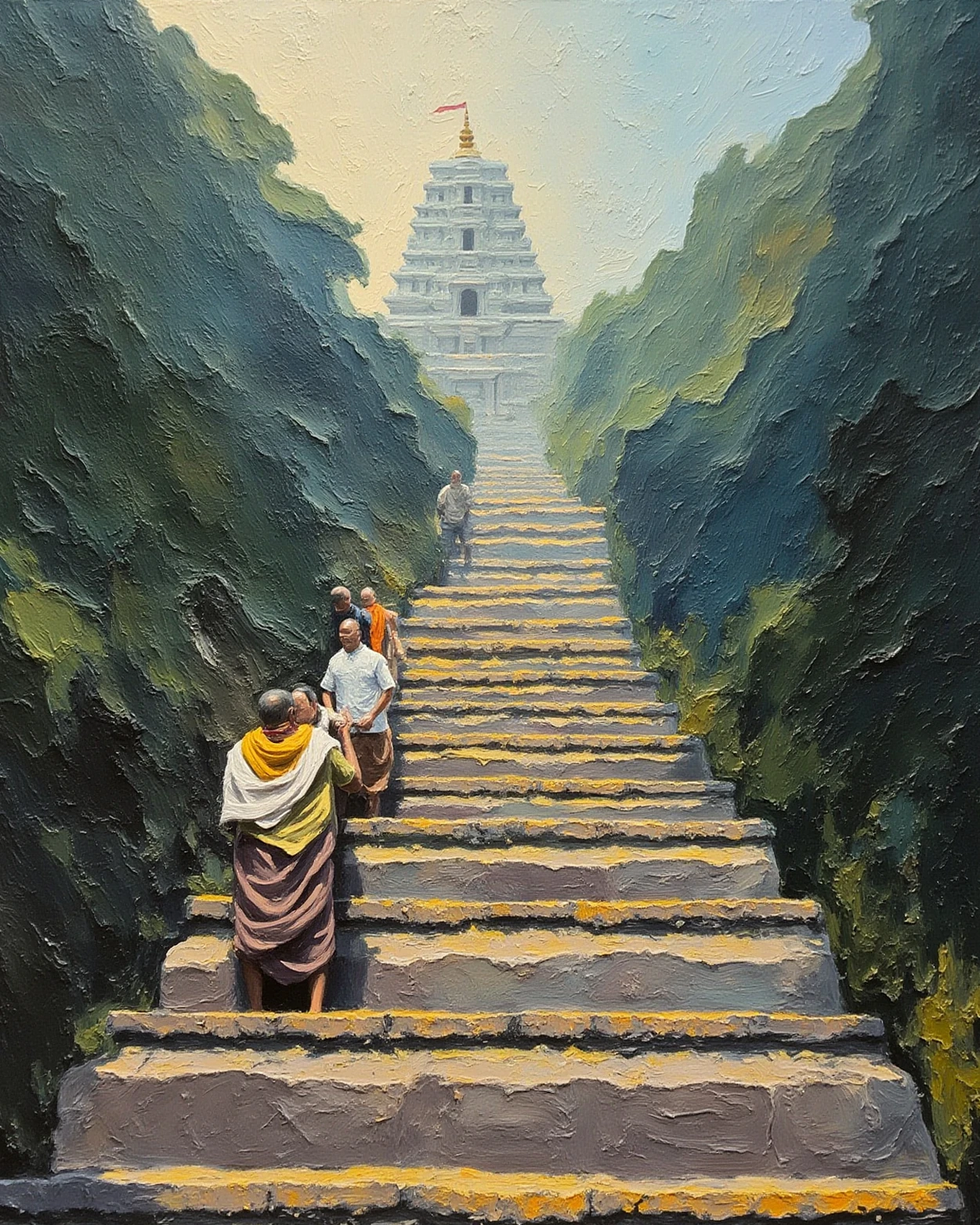 Painting of Tirupati: the stepped pilgrim path climbing the wooded hill to the temple and its golden vimana.