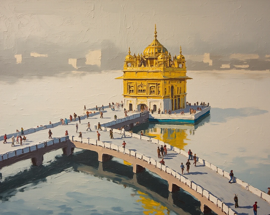 Colourful ink and watercolour sketch of Amritsar: the golden Harmandir Sahib in its pool, a white marble walkway and pilgrims with covered heads.
