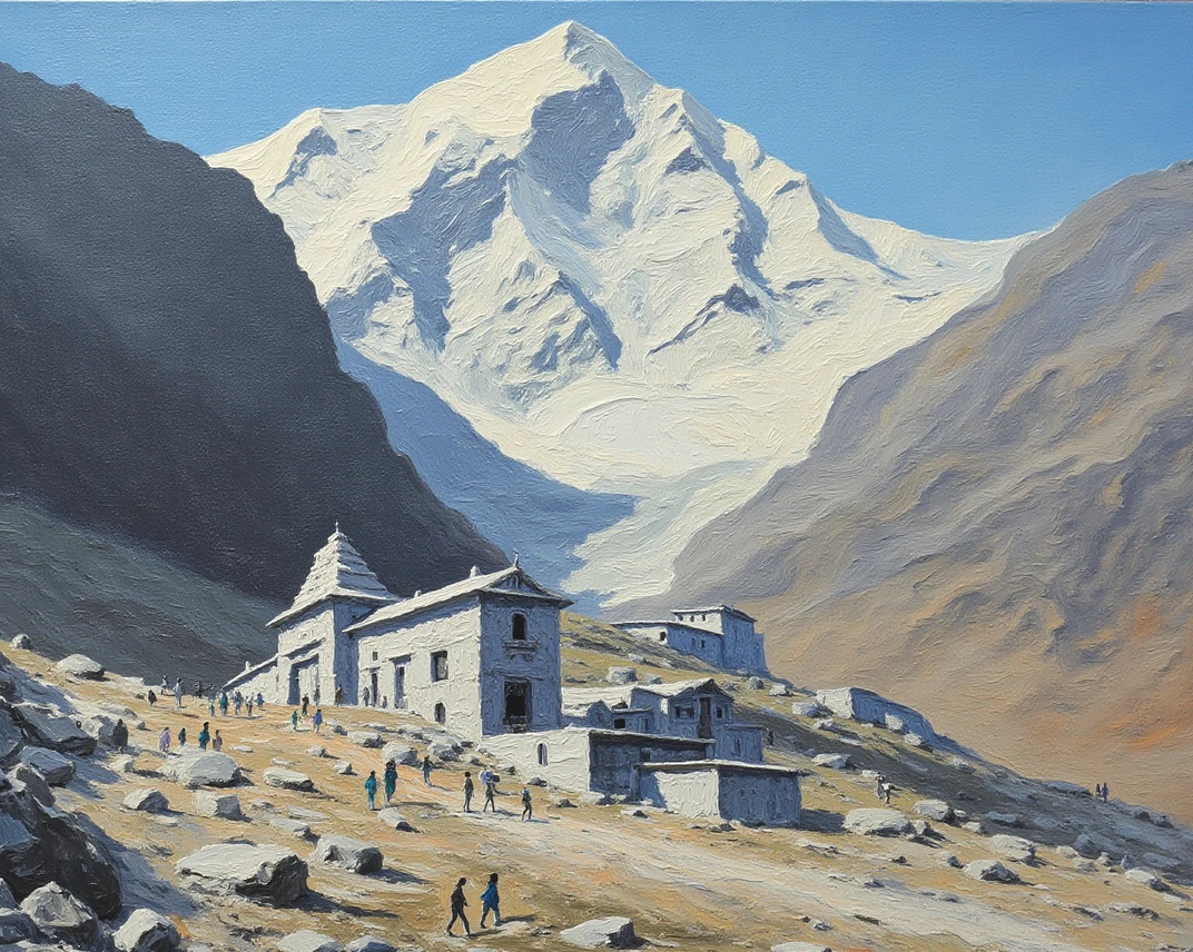 Colourful ink and watercolour sketch of Kedarnath: a grey stone temple below snow peaks, with pilgrims and ponies on the path.