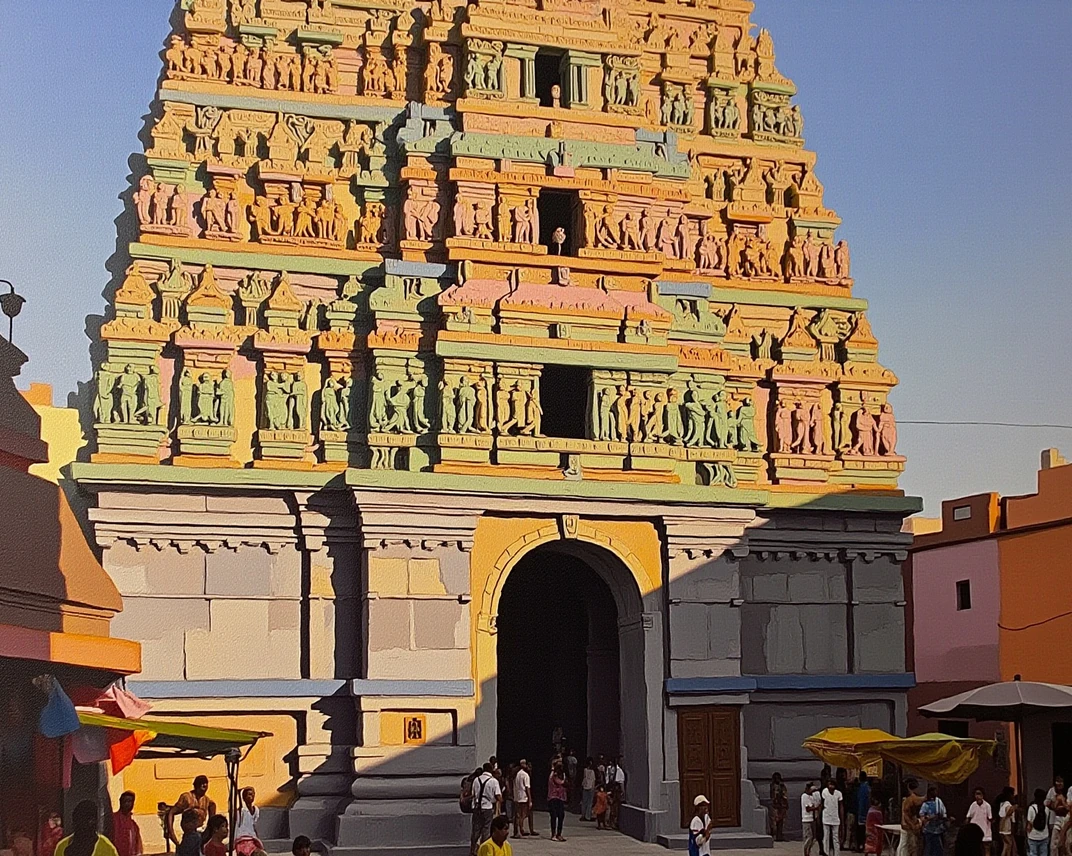 Colourful ink and watercolour sketch of Madurai: tall sculpted, many-coloured gopuram towers rising over a busy old-city street.