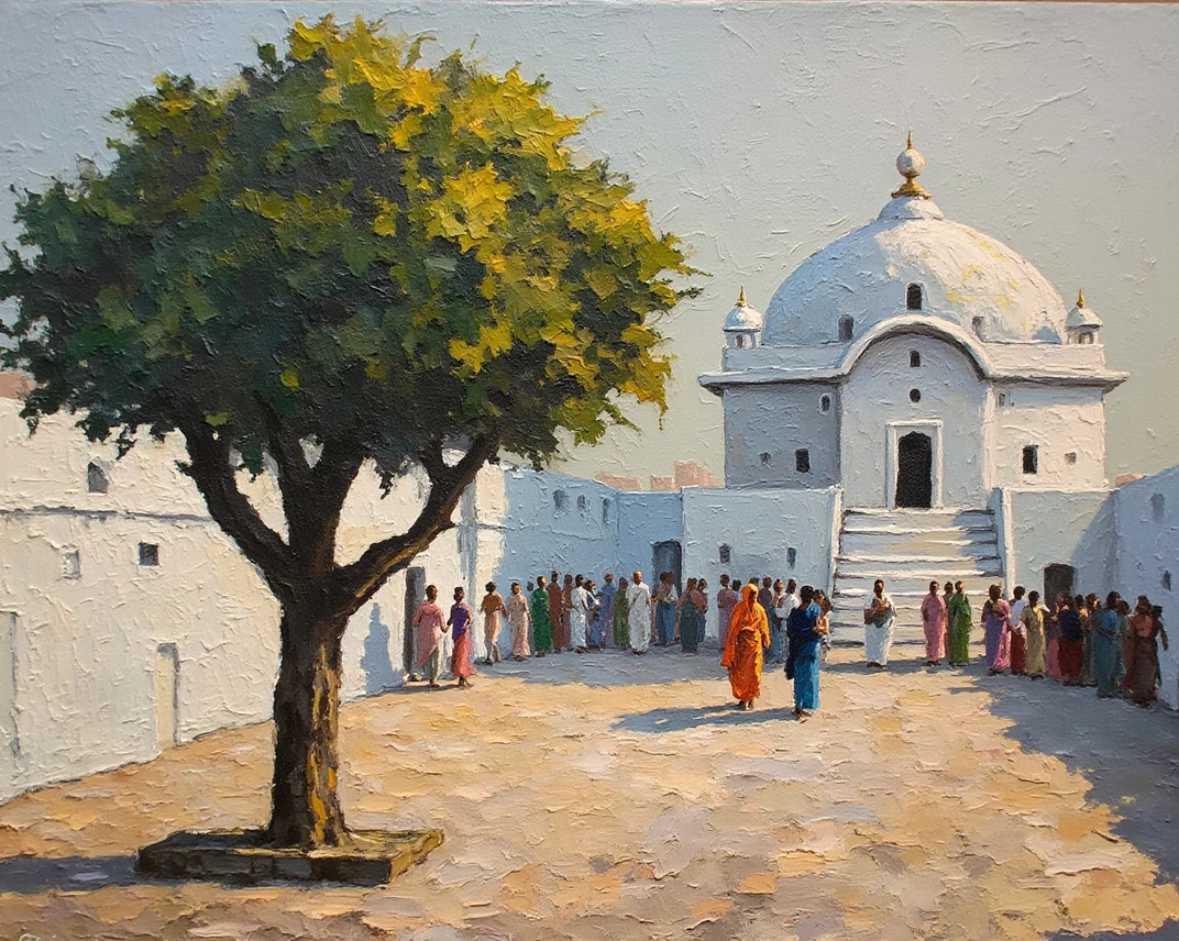 Colourful ink and watercolour sketch of Shirdi: a white temple with domes, flower-garland stalls and pilgrims in the lanes under a bright blue sky.