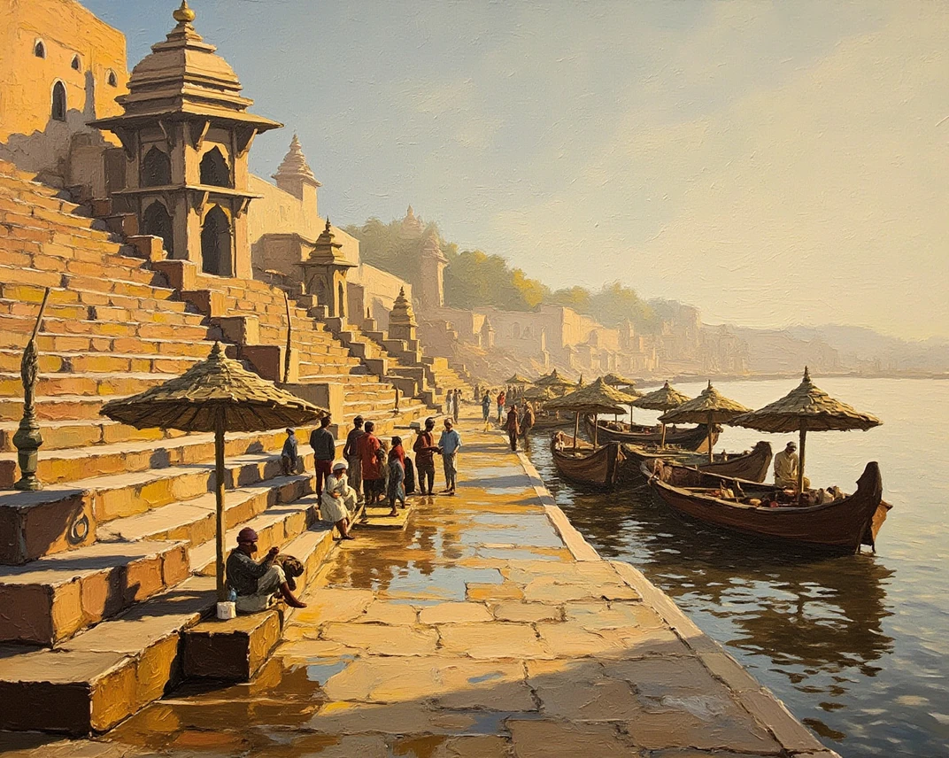 Colourful ink and watercolour sketch of Varanasi: stone ghats stepping down to the Ganga, wooden boats, umbrellas and temple spires on the bank.