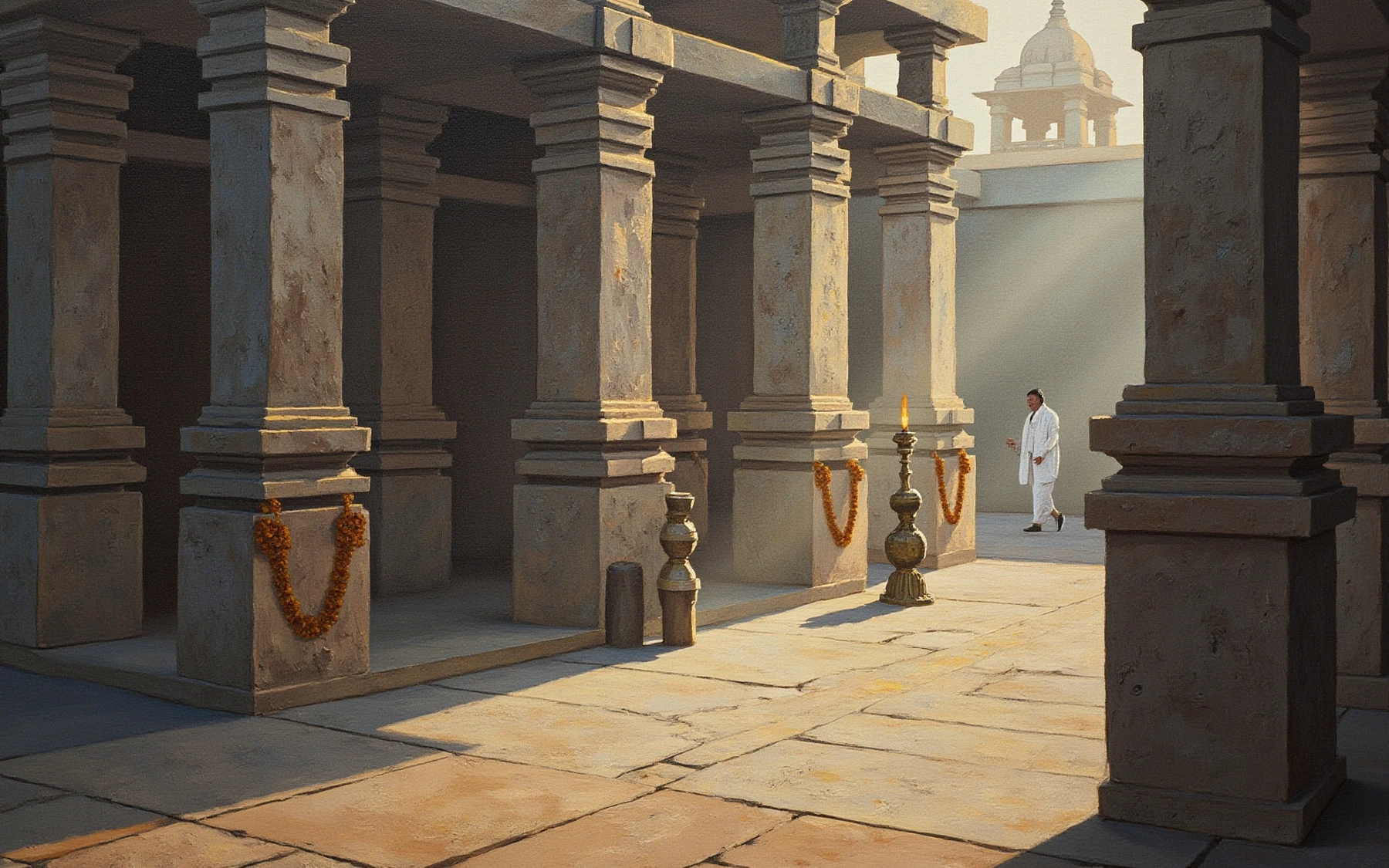 At dawn a priest carries a lit aarti lamp across a stone temple courtyard while devotees wait by the carved hall.